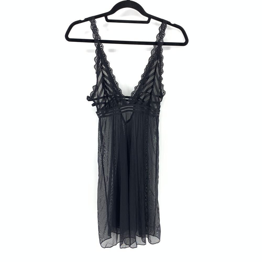 Mapale M Black Baby Doll Lingerie Plunging Neckline Lace Trim Sheer Mesh NEW